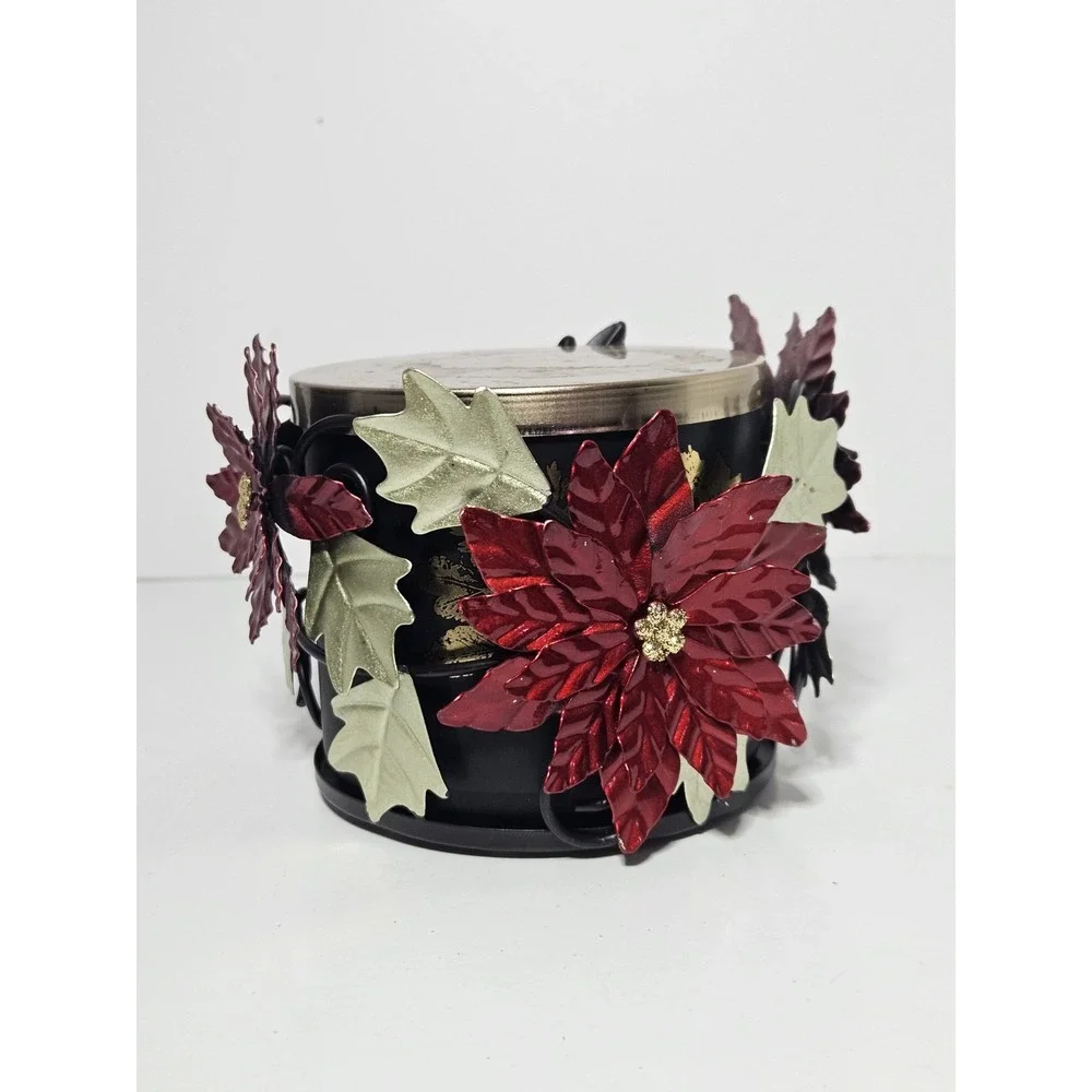 Sonoma Metal Poinsettia 3 Wick Candle Holder Sleeve Christmas Holiday Decor Red